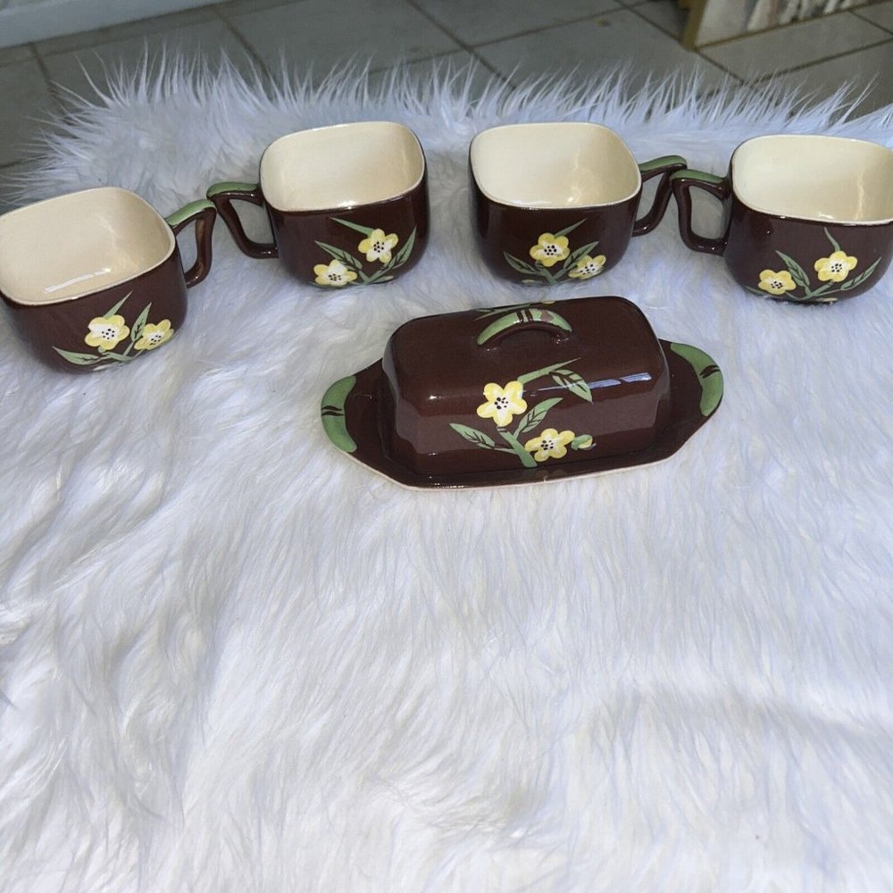 VINTAGE HAND-PAINTED TEAPOTS & BUTTER DISH SET (5 PCS) | Floral - Picture 2 of 9